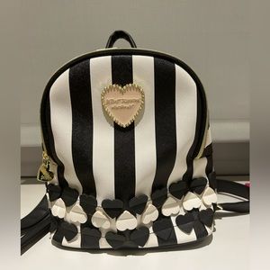 Small Betsy Johnson New York black and white stripe backpack with hearts
